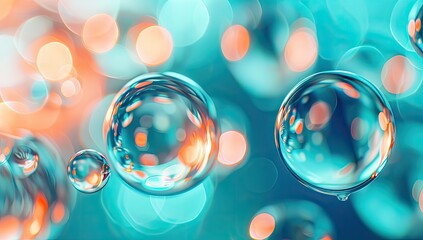 Teal bokeh background with floating bubbles; abstract beauty, skincare ad