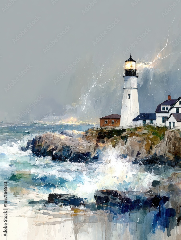 A lighthouse stands resilient on rocky shores as turbulent waves crash against the rocks. Dark storm clouds gather overhead, with flashes of lightning illuminating the scene.