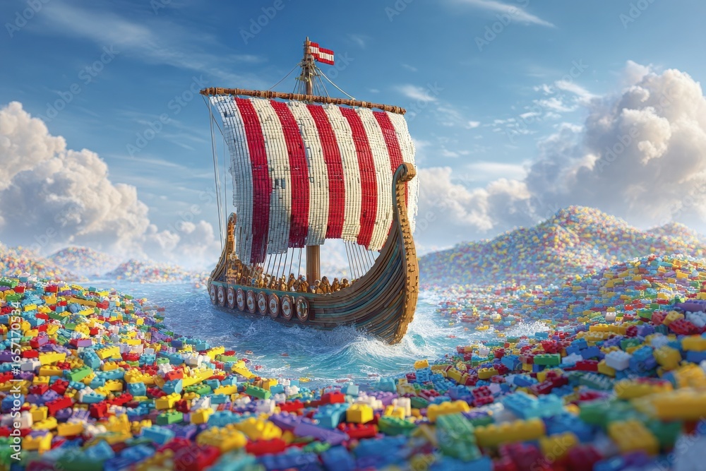 A Viking ship made from building blocks navigates through a vibrant sea of toy bricks. The scene features fluffy clouds and a clear blue sky, showcasing a blend of creativity and playfulness.