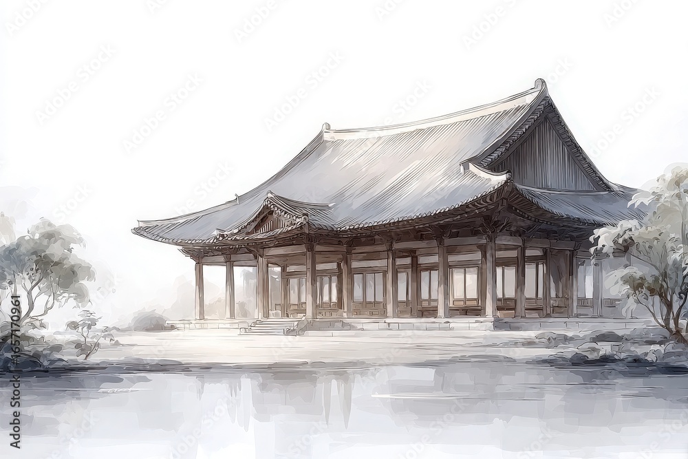 Delicate architecture showcases a historic structure surrounded by trees, with its reflection mirrored in tranquil waters beneath a bright sky. A peaceful atmosphere pervades the scene.