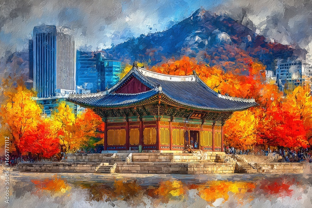 Vibrant autumn foliage encircles a historical pavilion, blending tradition with a contemporary skyline. Mountains create a backdrop, enhancing the picturesque scene during daylight.