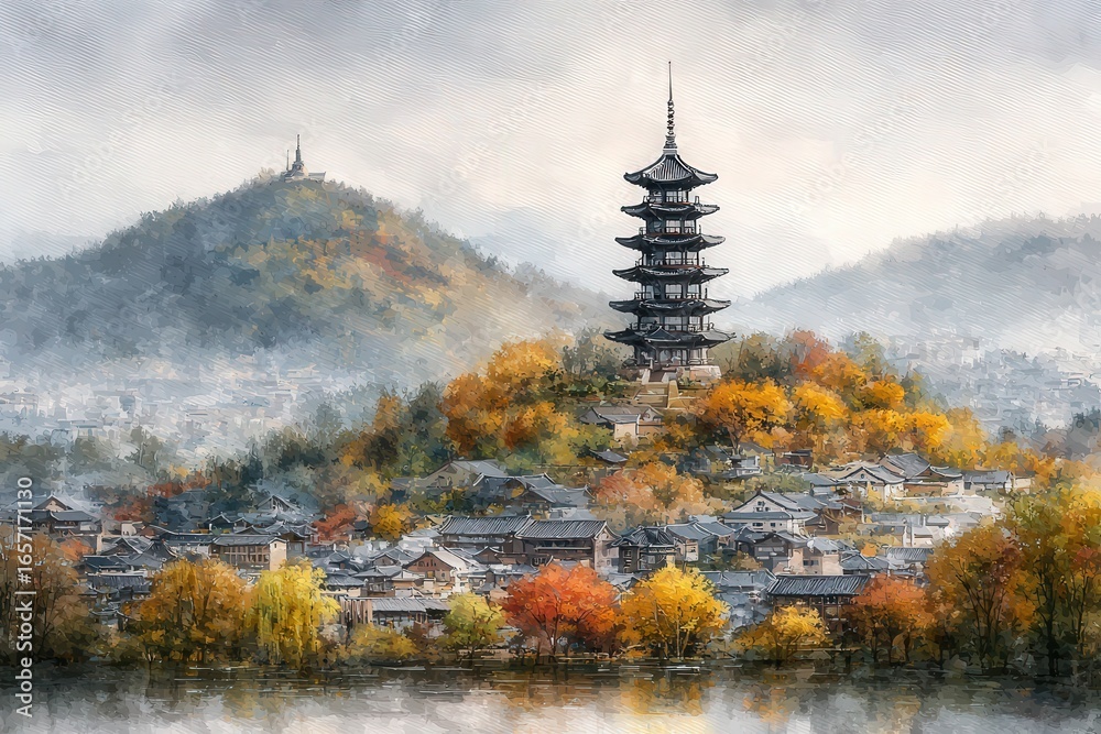 A traditional pagoda stands majestically on a hill, surrounded by vibrant autumn foliage. Below, quaint houses nestle by a serene lake, with fog-draped mountains in the background.