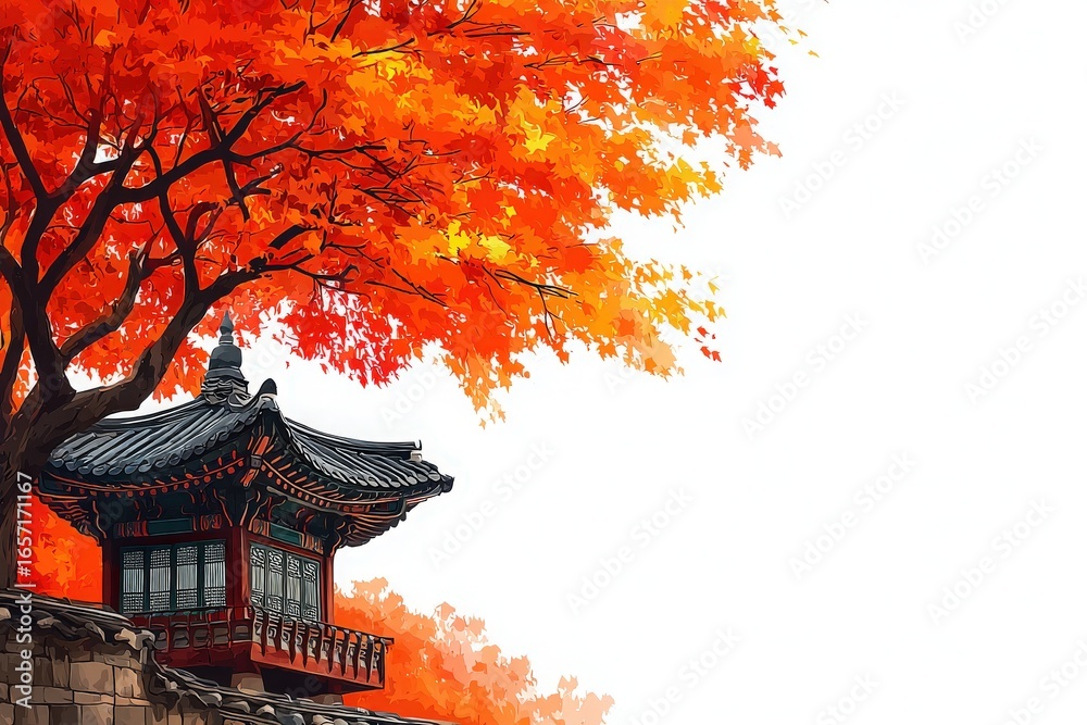 Bright orange leaves gracefully surround a traditional building, showcasing a serene autumn scene. The structure reflects cultural architecture and is perfectly positioned near a stone wall.