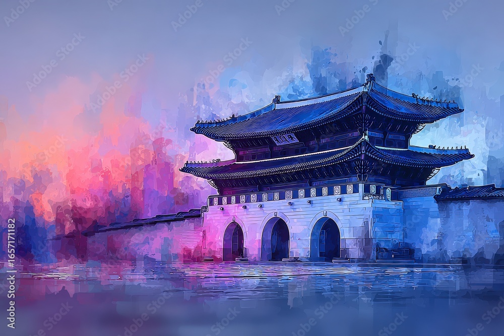 A stunning representation of traditional Korean architecture at dusk, showcasing the intricate roof design and vibrant colors reflecting on the water, creating a calm and serene atmosphere.