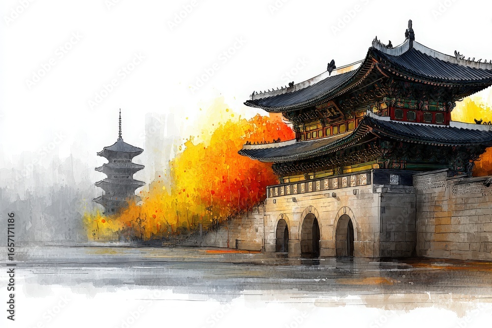 A serene autumn scene showcases a traditional Asian temple with ornate roofs beside a calm body of water. Vibrant orange and yellow trees create a stunning backdrop, reflecting the seasons beauty.