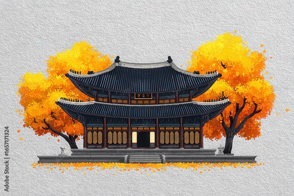 A stunning traditional building showcases intricate details and a dark roof, framed by bright orange trees in full autumn foliage. This picturesque setting invites peaceful contemplation.