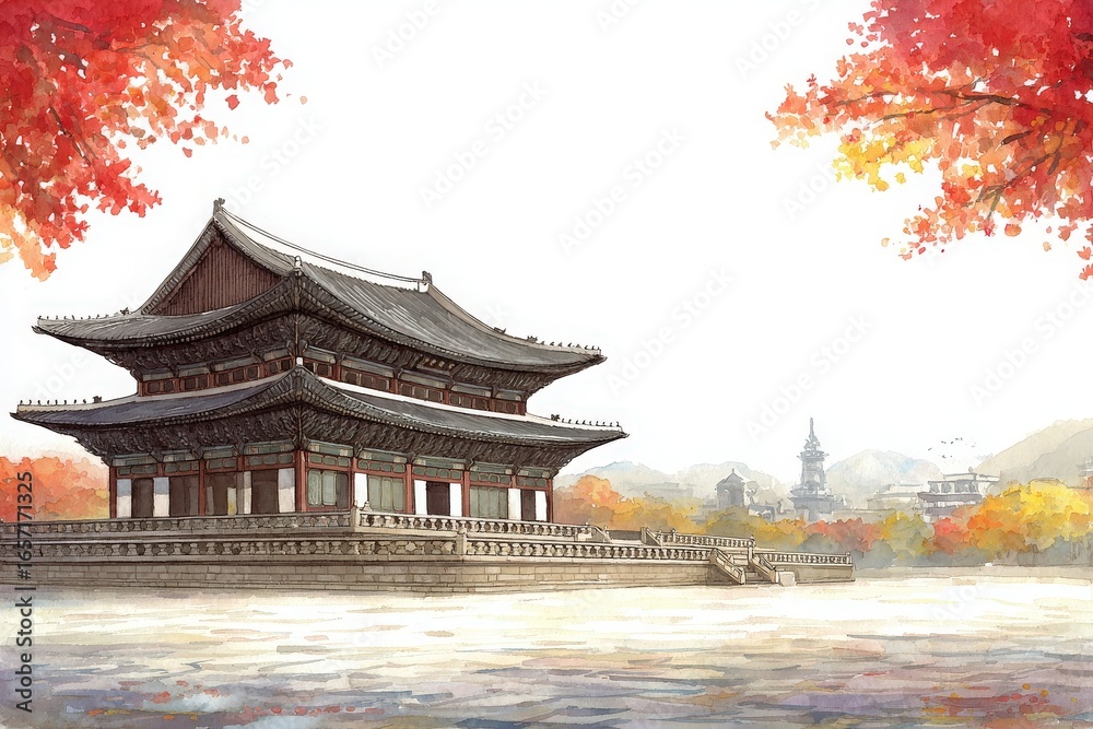 A picturesque traditional building is situated calmly by the waters edge, framed by vibrant autumn foliage.