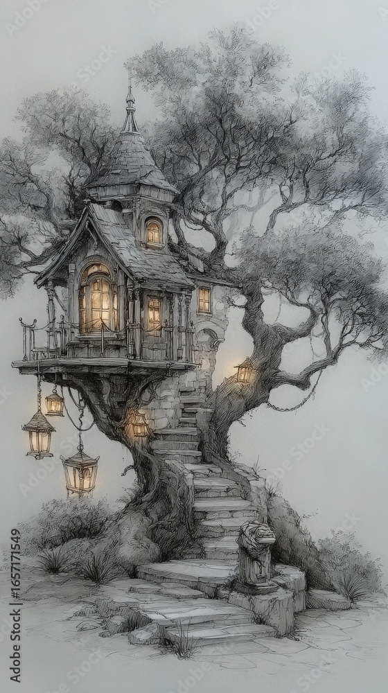 A whimsical treehouse rests high in an ancient tree, featuring intricate details and glowing lanterns. Stone steps lead up to its inviting entrance, creating a magical atmosphere at twilight.