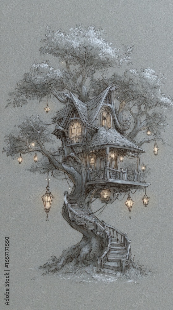 An enchanting treehouse features intricate architecture, adorned with glowing lanterns. Nestled in a sturdy tree, a winding staircase invites exploration in a serene evening atmosphere.