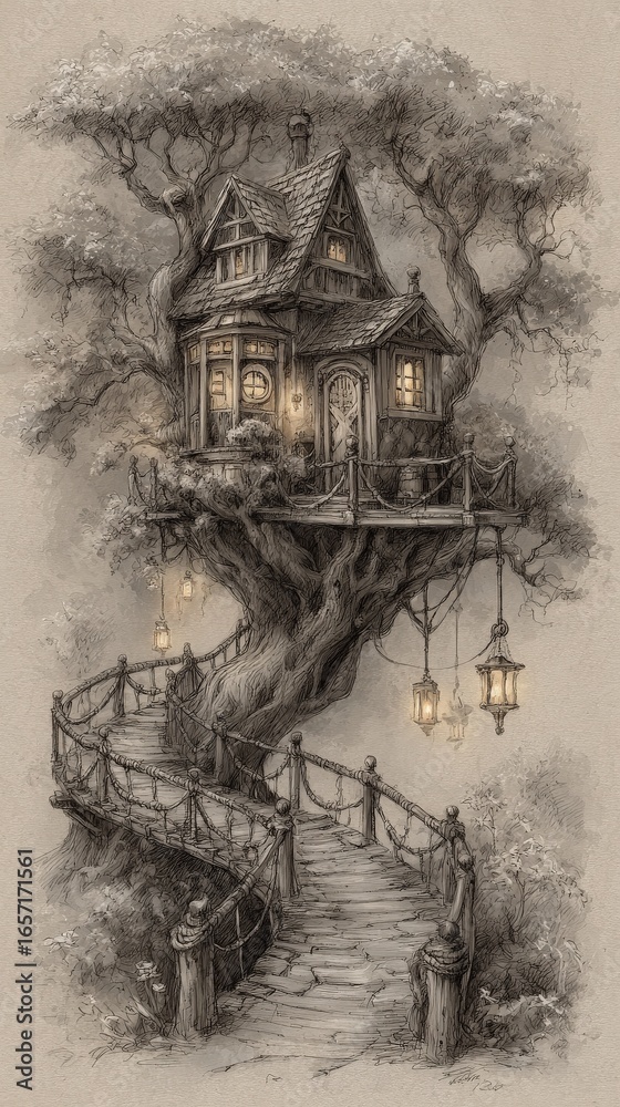 A magical treehouse sits high atop a large tree, joined by a winding wooden staircase adorned with glowing lanterns. The structure features intricate details and a mystical charm.