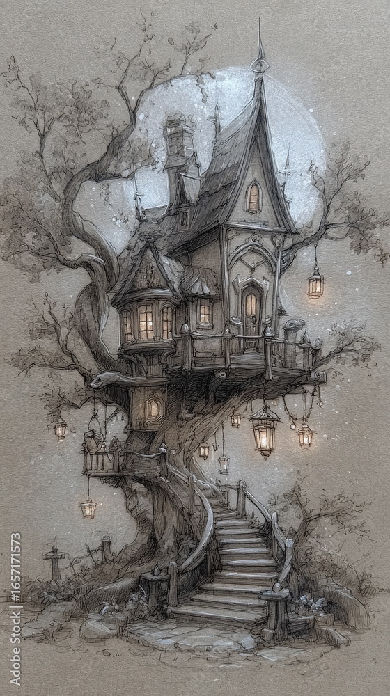 A whimsical treehouse is built into a sturdy tree, featuring intricate architecture and warm lanterns. The setting is bathed in twilight, creating a magical atmosphere filled with hints of mystery.