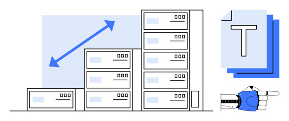Wall Mural - stacked servers represent scalable storage with growth trends. robot hand points to digital document