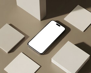 minimalist composition with a smartphone mockup and geometric shapes on a neutral background