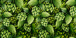 © _Julia_red - Seamless watercolor pattern of hop cones and green leaves on dark background. Suitable for beer labels, brewery branding, Oktoberfest designs, rustic packaging, fabric prints and festive layouts.