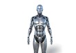 © pinan - Ultra-detailed 3D humanoid male android with smooth metallic skin, glowing blue LED eyes, subtle facial features, and mechanical joints, standing upright in neutral pose.