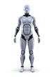 © pinan - Ultra-detailed 3D humanoid male android with smooth metallic skin, glowing blue LED eyes, subtle facial features, and mechanical joints, standing upright in neutral pose, isolated on clean pure white