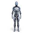 © pinan - Ultra-detailed 3D humanoid male android with smooth metallic skin, glowing blue LED eyes, subtle facial features, and mechanical joints, standing upright in neutral pose, isolated on clean pure white