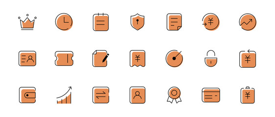 A collection of orange and black line art icons with a business and finance theme, including a crown, clock, document, and shield.