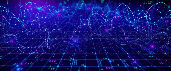 Dynamic digital data flow visualization with glowing blue and pink particles on a grid background
