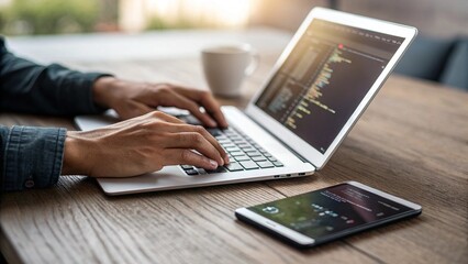 Remote work coding on laptop with coffee and smartphone for productivity and focus on development tasks