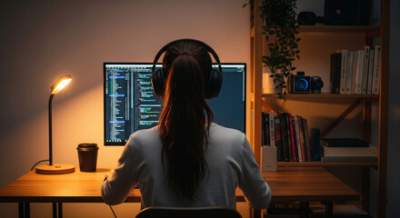 Focused programmer coding late at night wearing headphones, illuminated by desk lamp, creating digital solutions.
