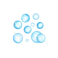Wall Mural - clear blue water drops and bubbles floating in a clear liquid sphere on a white background