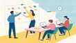 © Blessed - Business team actively collaborating in a modern office, brainstorming ideas on a whiteboard with sticky notes. Illustrates teamwork, project planning, and efficient workflow.
