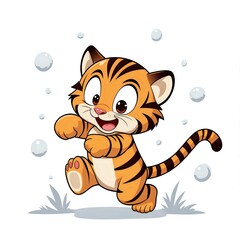 Canvas Print - Joyful cartoon tiger cub playing in bubbles