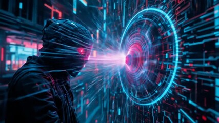 Futuristic hacker with cybernetic helmet interacting with neon glowing digital interface