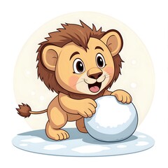 Canvas Print - Cute cartoon lion enjoying winter fun with a snowball