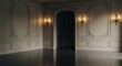 © BRNSN - Empty room with opulent classic corridor boasts intricate wall paneling, reflective flooring, and ornate vintage sconces, encapsulating timeless elegance within a luxurious mansion.