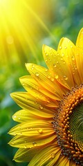 Wall Mural - Gentle morning dew glistens on a bright yellow sunflower petal in a lush green garden