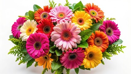 Wall Mural - Vibrant gerbera daisy bouquet arranged symmetrically in front of a pristine white background