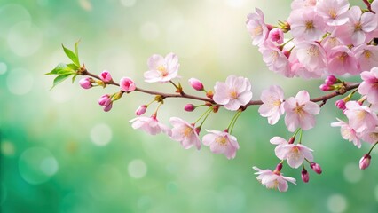 Wall Mural - Cherry blossom branch with delicate pink and white petals on a soft green background