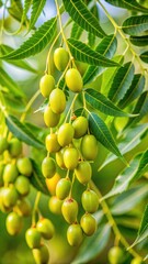 Wall Mural - Close-up of fresh neem fruit on a tree branch with delicate green leaves in a natural setting