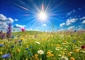 Wall Mural - Serene wildflower meadow under a brilliant blue sky with sunbeams casting a warm glow