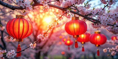 Wall Mural - Red lanterns hanging from a tree branch under blooming cherry blossoms at sunset