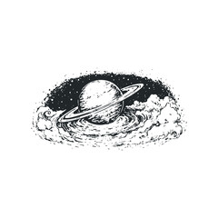 Wall Mural - Grayscale drawing of a ringed planet surrounded by swirling nebulae and cosmic dust