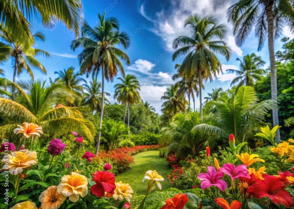 Colorful tropical flowers in a lush garden amidst the foliage of palm ...