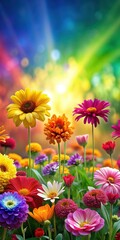 Wall Mural - Diverse group of flowers blooming together in a vibrant rainbow garden