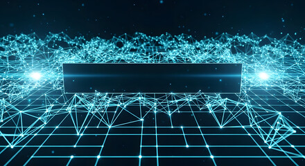 Abstract futuristic technology background featuring a glowing blue plexus network grid and a central blank banner for title or presentation text.
