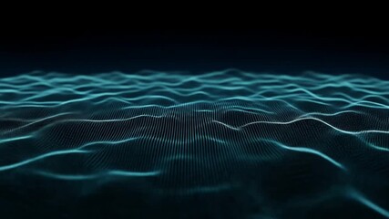 Wall Mural - Abstract digital wave pattern with blue glowing lines on a dark background, resembling water.