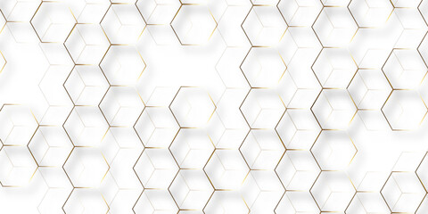 Wall Mural - Abstract white background with gold hexagons seamless pattern and geometric in vector design. Futuristic blue neon honeycombs. Modern technology design .Minimal style website banner, decoration .