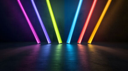 Wall Mural - the image showcases a series of vibrant, colorful beams of light illuminating a dark, textured floor