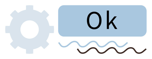 Gear icon beside an Ok button with wavy underlines. Ideal for technology, app design, confirmation action, functionality, system settings, process approval, minimalistic interface metaphor