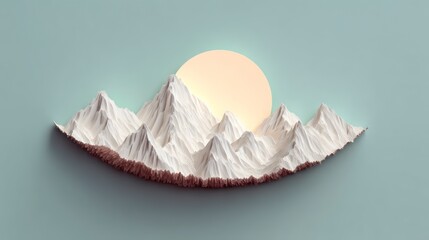 Wall Mural - Stylized white mountains with a glowing sun on a teal background graphic