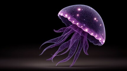 Wall Mural - Luminescent purple jellyfish with glowing spots drifts in dark deep sea