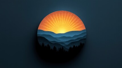 Wall Mural - Stylized sunset over layered mountains and silhouetted forest within a circle