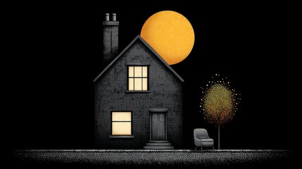 Wall Mural - Dark brick house with glowing windows under a large yellow moon beside a stylized tree with golden dots and an armchair