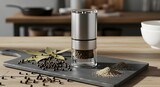 Modern Electric Pepper Grinder on Kitchen Countertop with Fresh Spices, Ideal for Culinary Enthusiasts and Healthy Cooking